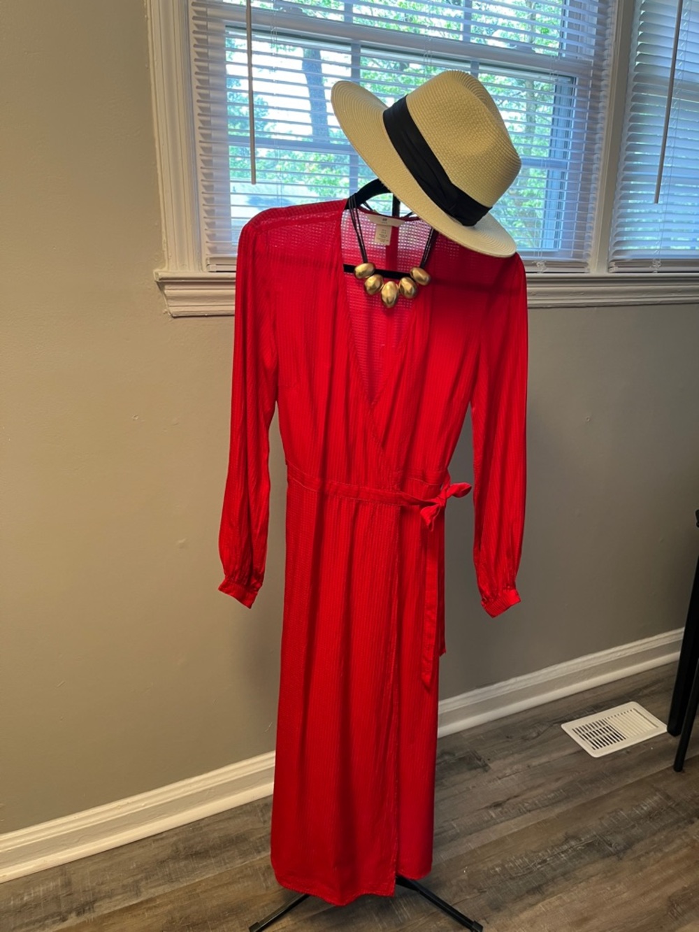 H&M Red Long Sleeve Wrap Midi Dress/dress only, hat and necklace not included